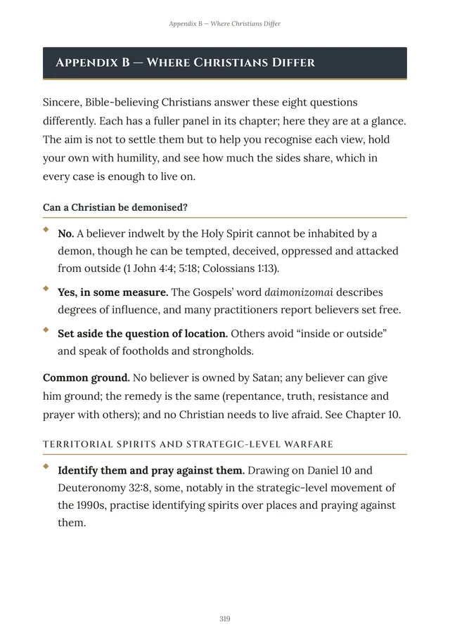 Appendix B — Where Christians Differ, the eight questions at a glance